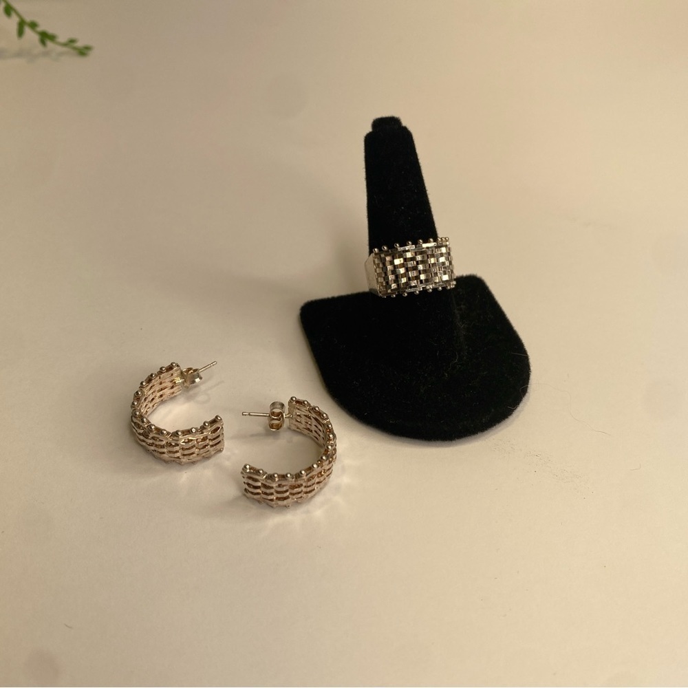 RARE Vintage Milor Italy 925 Silver Mesh Ring & Hoop Earrings Set HTF